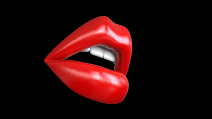 sexy beautiful female closed lips or mouth red color with gloss or lipstick, 3d render isolated on black background.