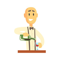 Wall Mural - Elegant bartender man character standing at the bar counter pouring wine, barman at work cartoon vector Illustration