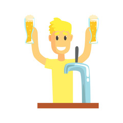 Sticker - Smiling bartender man character standing at the bar counter holding mugs of beer, barman at work cartoon vector Illustration