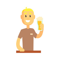 Poster - Smiling bartender man character standing at the bar counter holding glass of beer, barman at work cartoon vector Illustration