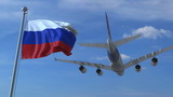 Commercial airplane landing behind waving Russian flag. Travel to Russia conceptual 3D rendering