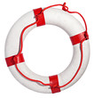 Red and white life preserver on white background