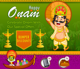 Poster - Kathakali dancer and King Mahabali offering shopping sale for Onam festival of Kerala