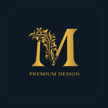 Gold Elegant letter M. Graceful style. Calligraphic beautiful logo. Vintage drawn emblem for book design, brand name, business card, Restaurant, Boutique, Hotel. Vector illustration