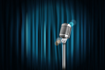 Aufkleber - Stage curtains with shining microphone vector illustration. Standup comedy show concept