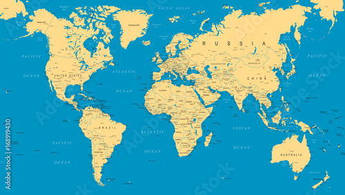 World Map Political Blue Beige Vector