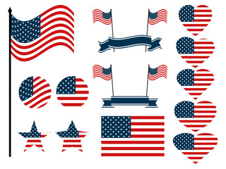 American flag set. Collection of symbols with the flag of the United States of America. Vector illustration