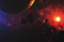Colorful Outer Space With Asteroids And Planet 3d Illustration