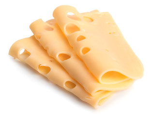 Three slices of cheese isolated on white background.