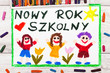 Kolorowy rysunek przedstawiający dzieci cieszące się z Nowego Roku Szkolnego. Powrót do szkoły. 