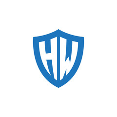 Initial letter HW, shield logo, modern blue color