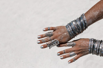 Wall Mural - close up of beautiful tribal woman. Hands of ethnic dancer