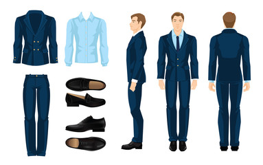 Wall Mural - Vector illustration of corporate dress code. Businessman or professor in ormal suit and shoes. Front view and side view.. Blue shirt, suit and  black  shoes isolated on white background.