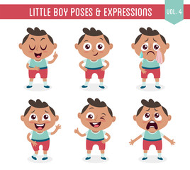 Wall Mural - Character design set of a cute little black boy in different poses. Cartoon style illustration, isolated on white background. Body gestures and facial expressions. Vector illustration. Set 4 of 8.