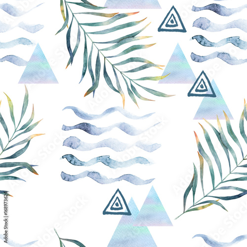 Abstract print with watercolor random elements. Seamless pattern in retro sty...