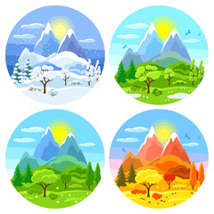 Wall Mural - Four seasons landscape. Illustrations with trees, mountains and hills in winter, spring, summer, autumn.