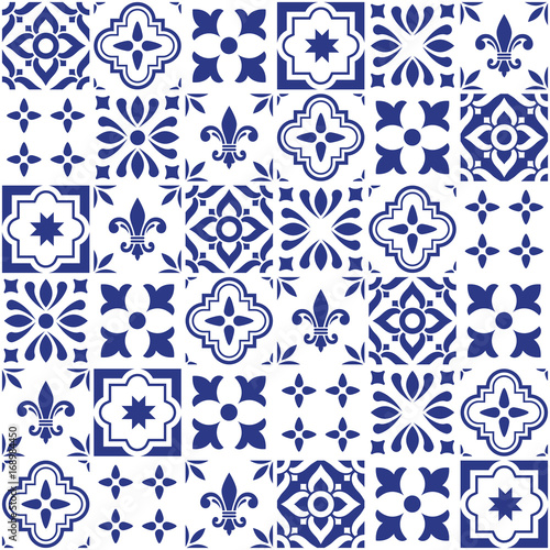 Naklejka na szybę Geometric vector tile design, Portuguese or Spnish seamless navy blue tiles, Azulejos pattern