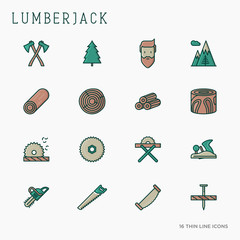 Wall Mural - Logging and lumberjack with beard and related thin line icons: jack-plane, sawmill, forestry equipment, timber, lumber. Vector illustration.