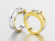 3D illustration two silver and gold men signet diamond rings with reflection