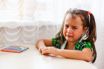 Little girl crying doing her homework