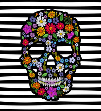 Vintage Embroidered Flower Skull. Muertos Dead Day Fashion Design Decoration Print. Marigold Daisy Chamomile Beautiful Isolated On Black White Striped Background. Greeting Vector Illustration