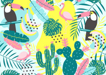 Tropical Seamless Pattern With Toucan, Flamingos, Cactuses And Exotic Leaves. Vector Illustration.