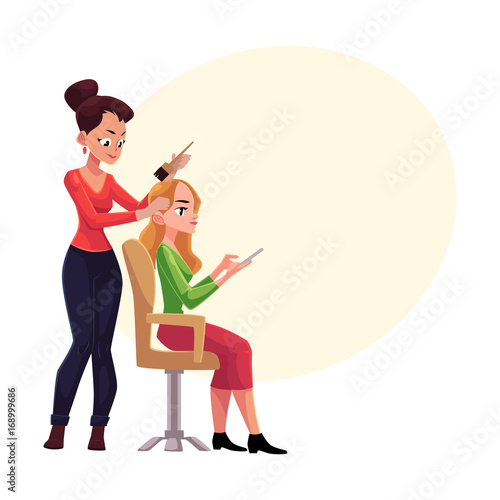 Hairdresser Dying Long Hair Of Blond Woman Who Uses Smartphone
