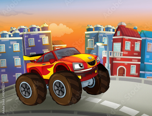 Fototapety Monster truck  kreskowka-szybki-samochod-terenowy-wygladajacy-jak-monster-truck-jadacy-przez-miasto-ilustracja