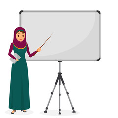 Wall Mural - Arabian Businesswoman at a presentation standing near flipchart. Business character. Vector illustration.