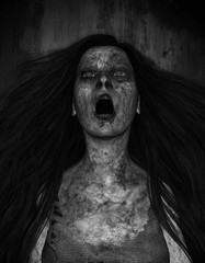 3d illustration of scary ghost woman moaning in the dark,Horror background,mixed media 