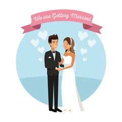 Sticker - white background with color circular frame poster of newly married couple groom holding hands vector illustration