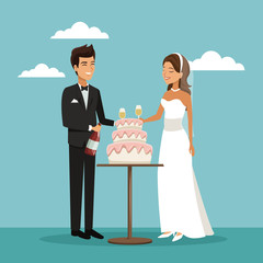 Sticker - color sky landscape background with newly married couple scene of cake and champagne toast vector illustration