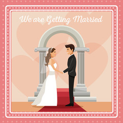 Sticker - colorful gretting card with couple groom and bride holding hands text we are getting married vector illustration