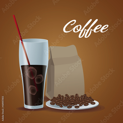 Color Poster Glass Cup Of Iced Coffee With Package Beans In Dish Vector Illustration Color Poster Glass Cup Of Iced Coffee With Package Beans In Dish Vector Illustration