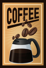 Poster - color poster coffee with linear glow and glass jar of coffee with handle and beans vector illustration