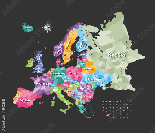 Fototapeta na szkło Mapa Europy pokolorowana według krajów z granicami regionów. Kolekcja ikon nawigacji, lokalizacji i podróży. Wektor