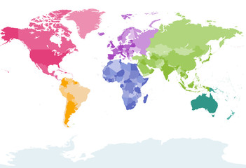 Wall Mural - world map colored by continents vector detailed illustration