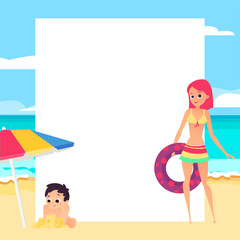 Canvas Print - Beach background. Young girl and child. Cartoon style