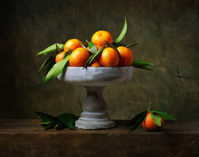 Vintage Still Life With Tangerines In Vase For Fruits