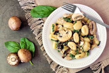 Canvas Print - Gnocchi with a mushroom cream sauce, spinach, chicken and sun dried tomatoes, above scene on a dark stone background