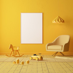 Wall Mural - Mock up of a children's bedroom in a locally yellow color. Scandinavian style. 3d rendering.