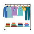 colorful silhouette of clothes rack with t-shirts and pants on hangers and fold clothes on bottom