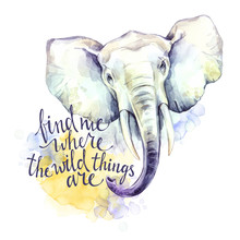 Watercolor Elephant With Handwritten Inspiration Phrase. African Animal. Wildlife Art Illustration. Can Be Printed On T-shirts, Bags, Posters, Invitations, Cards, Phone Cases.