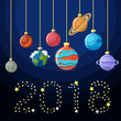 New Year decorative greeting card with Solar system planets as Christmas balls and the word 2018 made of stars.
