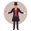 magician show trick, man with magic hat, vector illustration