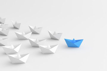 Leadership concept, blue leader boat, leading whites. 3D Rendering.