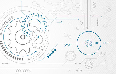 Wall Mural - abstract background with gear wheels. vector technology concept with arrows and circuit board.