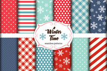 Set Of 12 Cute Seamless Winter Time Patterns With Traditional Ornaments