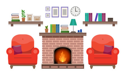 Cozy interior of an elegant living room with two armchair, a fireplace, and various decorations. Flat style vector design template