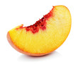 Slice of ripe peach fruit isolated on white background. Peach slice with clipping path
